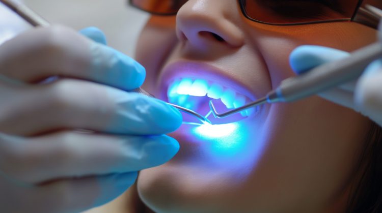 Patient receiving cosmetic dental treatment with curing light at Downtown Plaza Dental in Sacramento, CA.