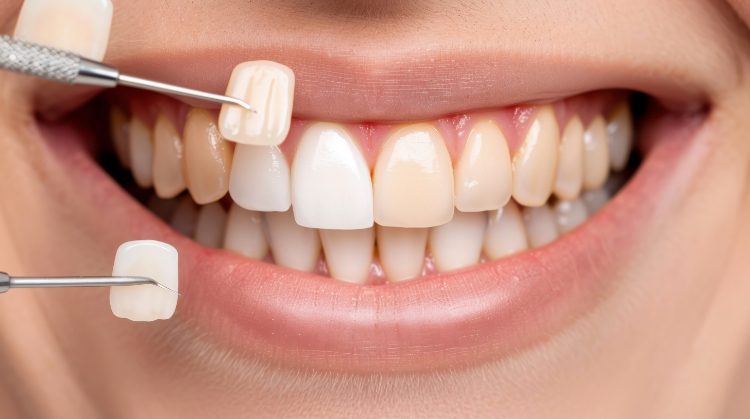 Close-up of a patient’s smile during a veneer fitting, showing color comparison tools against natural teeth at Downtown Plaza Dental in Sacramento, CA.
