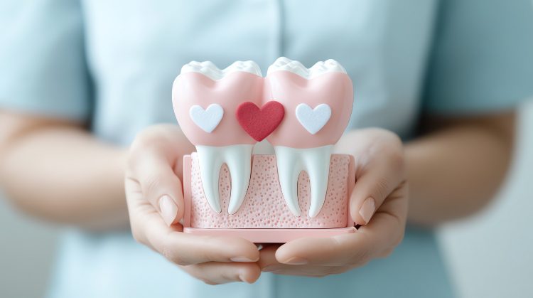 Model of two healthy teeth with hearts symbolizing the link between oral health and heart disease, held by a dental professional at Downtown Plaza Dental in Sacramento, CA